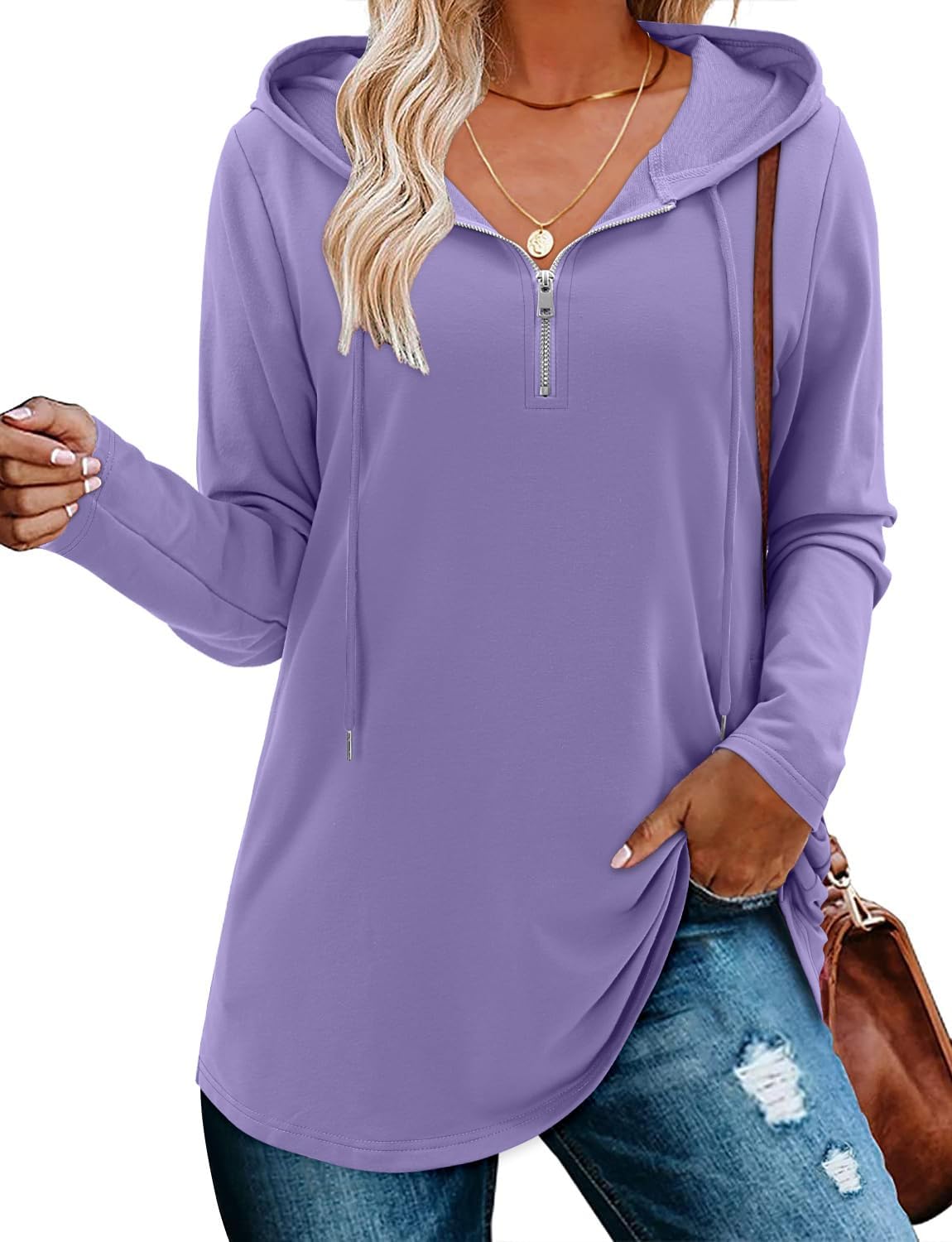 BETTE BOUTIK Womens Quarter Zip Tunic Hoodies Pullover Long Hooded Sweatshirts S-3XL