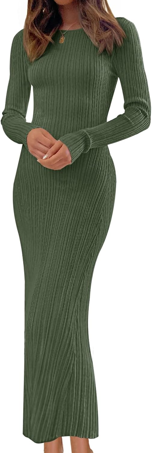 MEROKEETY Women's 2025 Long Sleeve Bodycon Sweater Dress Fall Winter Crew Neck Ribbed Knit Maxi Dresses
