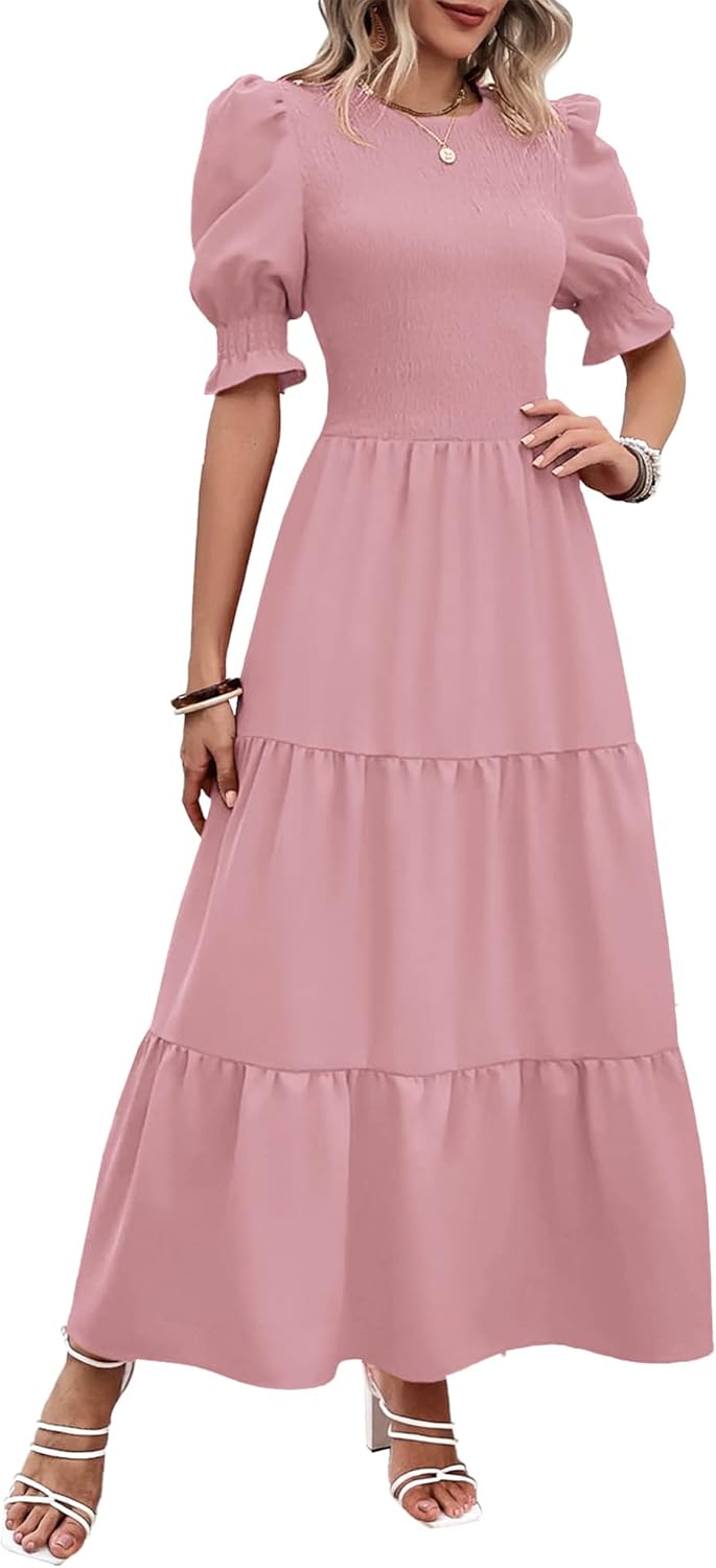 BTFBM Women Casual Summer Dresses 2025 Spring Crew Neck Ruffle Short Sleeve Floral Print Smocked Boho Flowy Maxi Dress