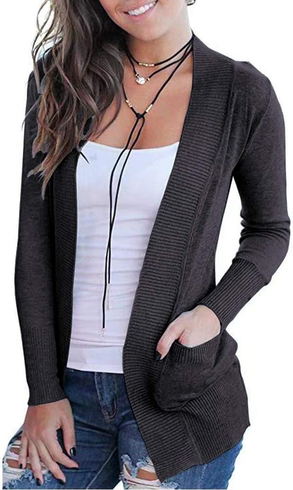 VOIANLIMO Women's Open Front Casual Long Sleeve Knit Classic Sweaters Cardigan with Pockets