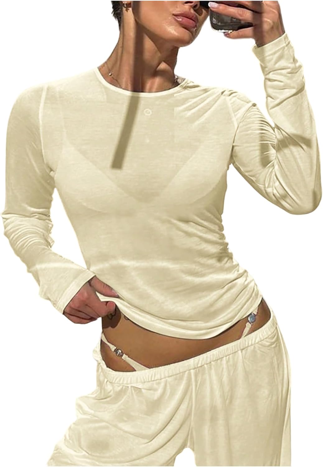 Women's Sheer Mesh Long Sleeve T Shirts Boat Neck Slim Fit Tee Tops Going Out See Through Shirts