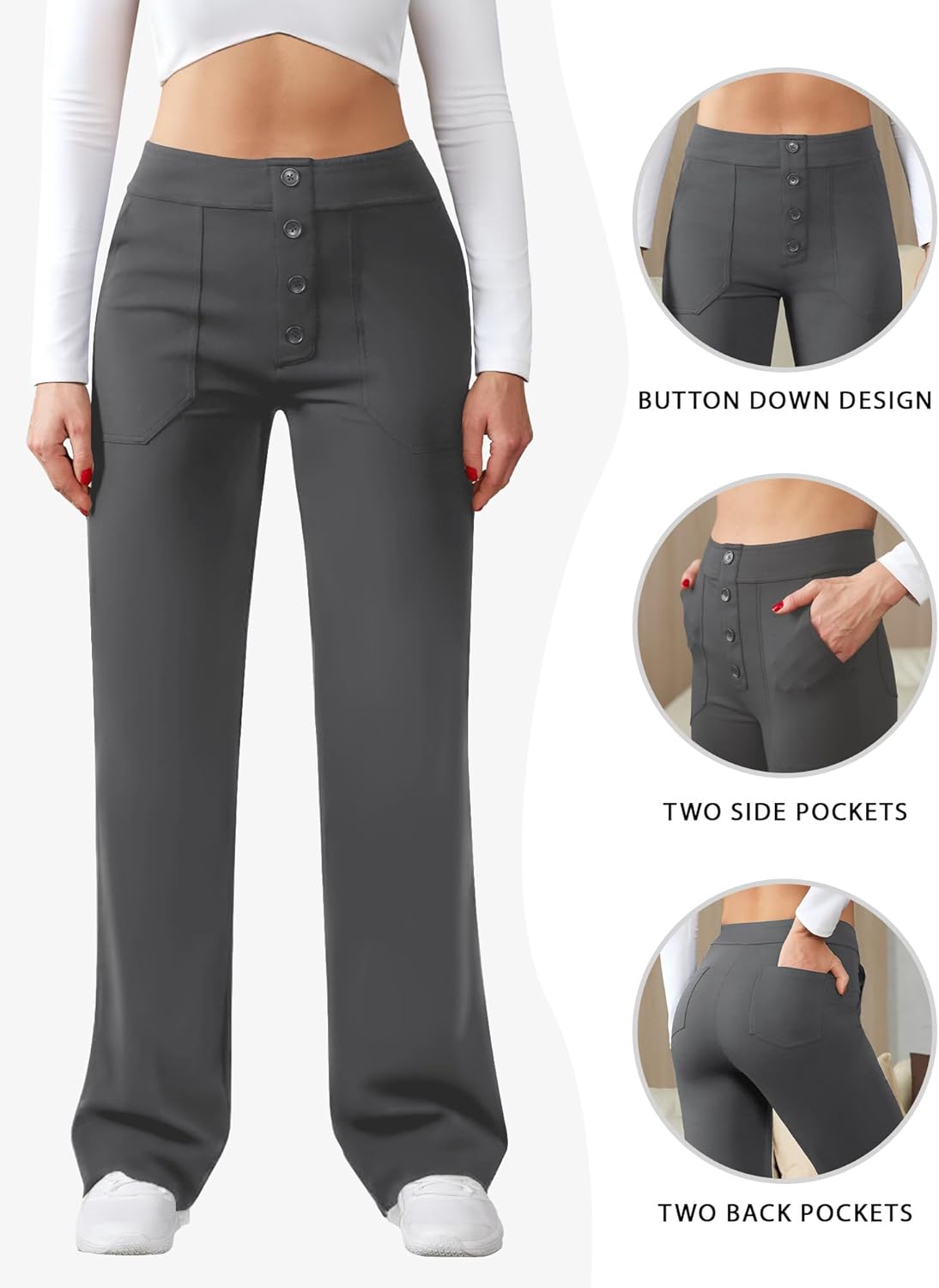 Womens Casual High Waist Straight Leg Pants Stretchy Button Business Dress Work Pocket Trousers