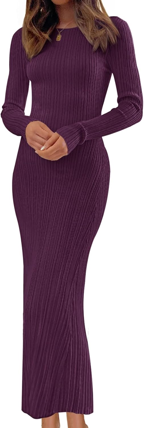 MEROKEETY Women's 2025 Long Sleeve Bodycon Sweater Dress Fall Winter Crew Neck Ribbed Knit Maxi Dresses