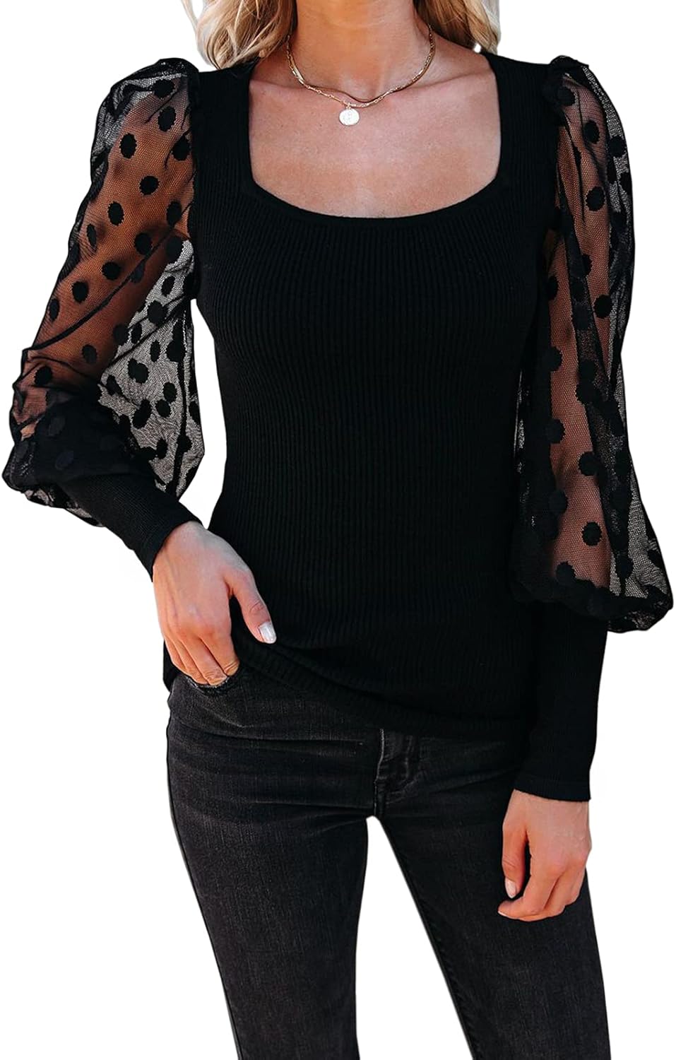miduo Womens Tops Square Neck Polka Dot Balloon Long Sleeve Top Shirts Slim Knit Ribbed Tops Blouses