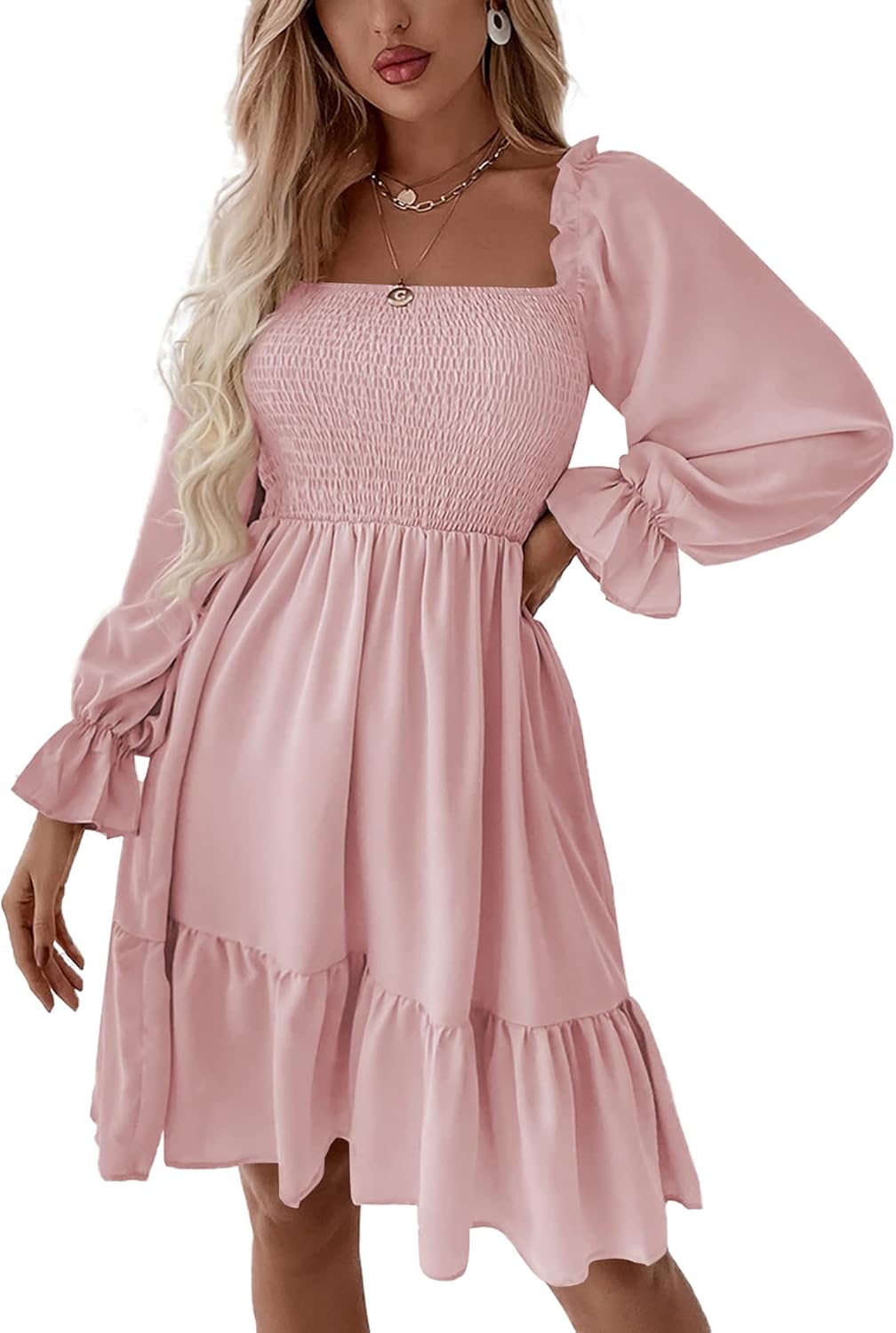 LYANER Women's Square Neck Lantern Long Sleeve Ruffle Shirred Flowy Party Mini Dress