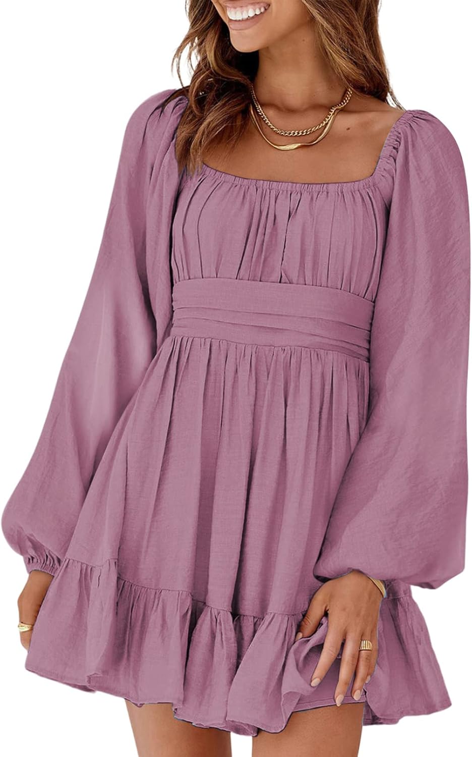 Dokotoo Womens Dress Long Lantern Sleeve Square Neck Tie Backless Sexy Dress Ruffle Elastic Waist A-Line Mini Dress