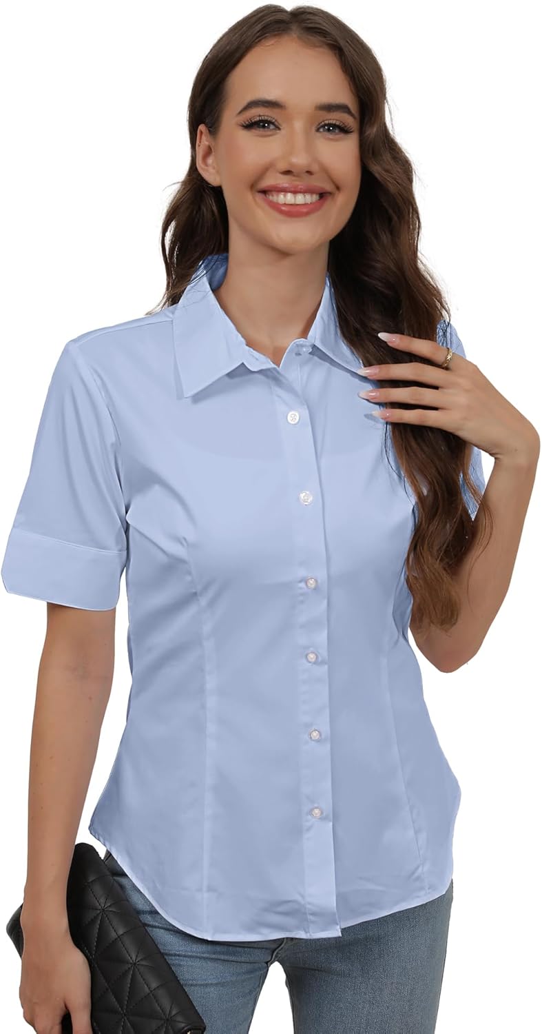 SUNNOW Womens Button Down Shirts Tailored Short Sleeve Shirt Basic Simple Stretch Wrinkle Free Formal Work Blouses