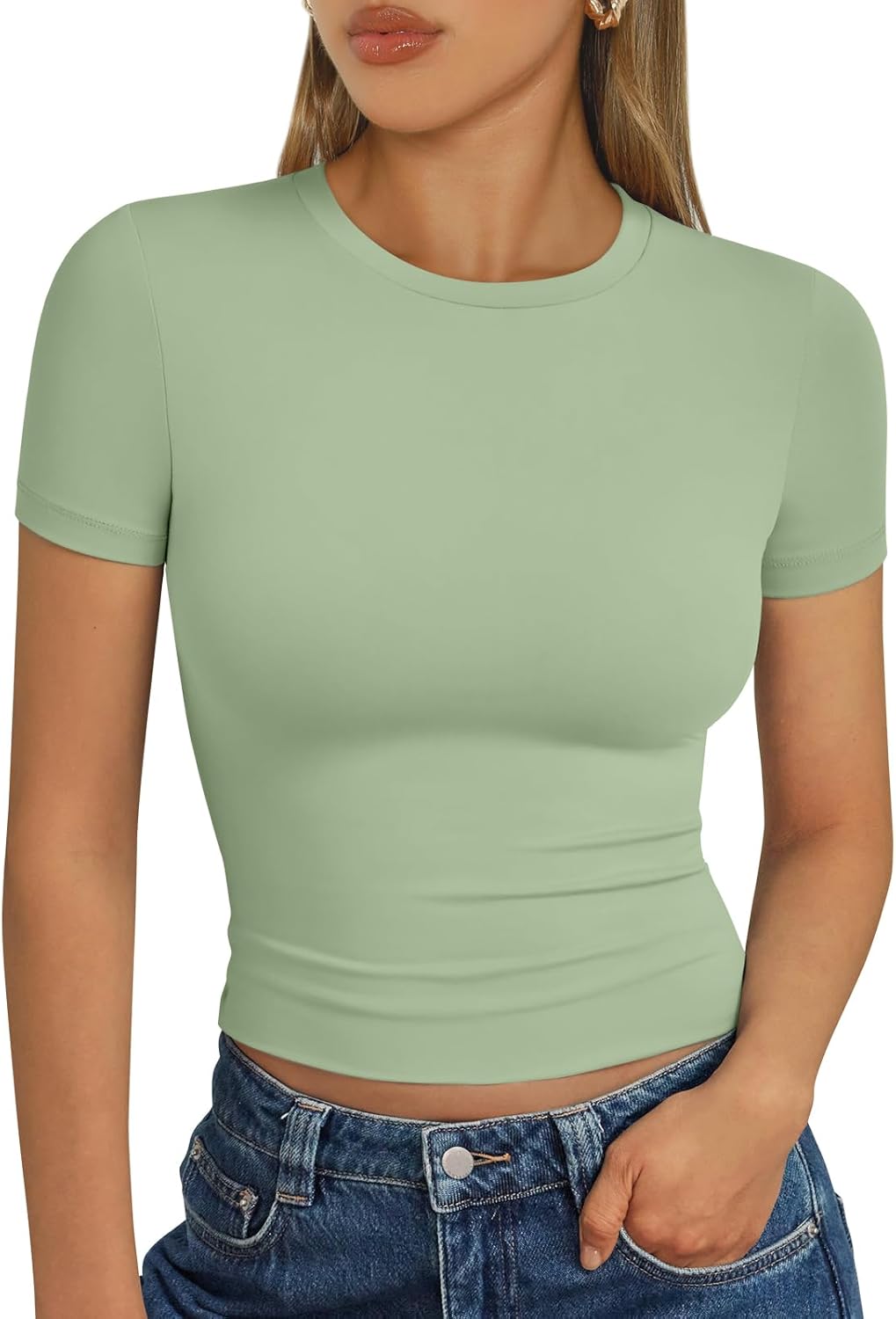 Trendy Queen Womens Short Sleeve T Shirts Summer Crop Tops Basic Slim Fit Gym Workout Y2k Clothes