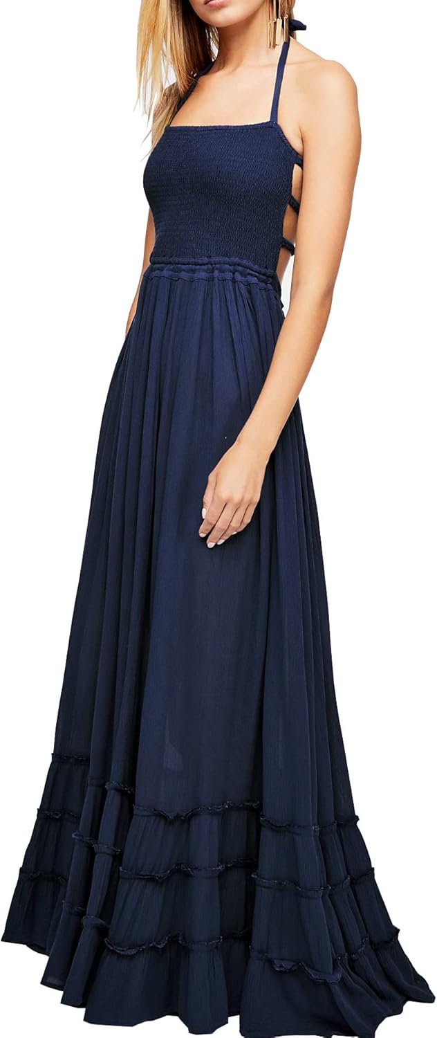 R.Vivimos Womens Summer Boho Sexy Backless Long Dresses