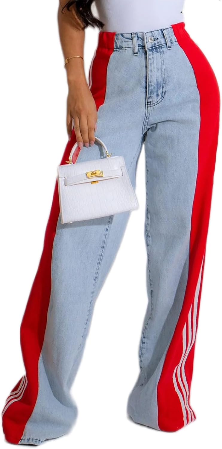 Angsuttc Womens Jeans with Patchwork Stripes High Waisted Stretchy Denim Color Block Straight Wide Leg Trendy Jean