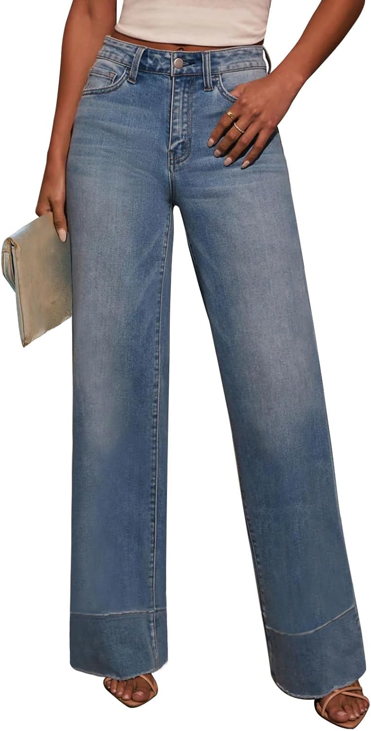 KUNMI Jeans for Women Wide Leg Baggy High Waist Boyfriends Straight Leg Stretchy Denim Pants Trendy Fall 2025