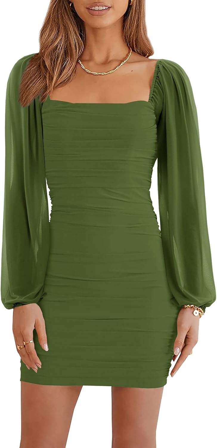 Wenrine Women's Mesh Long Sleeve Square Neck Ruched Party Club Cocktail Bodycon Mini Dress