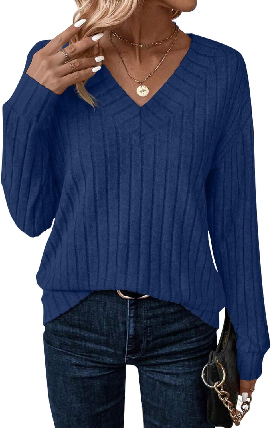 JUSTFASHIONNOW Long Sleeve V Neck Shirts for Women Fall Tops Lightweight Sweaters Dressy Casual Tunic Tops 2025 Outfits