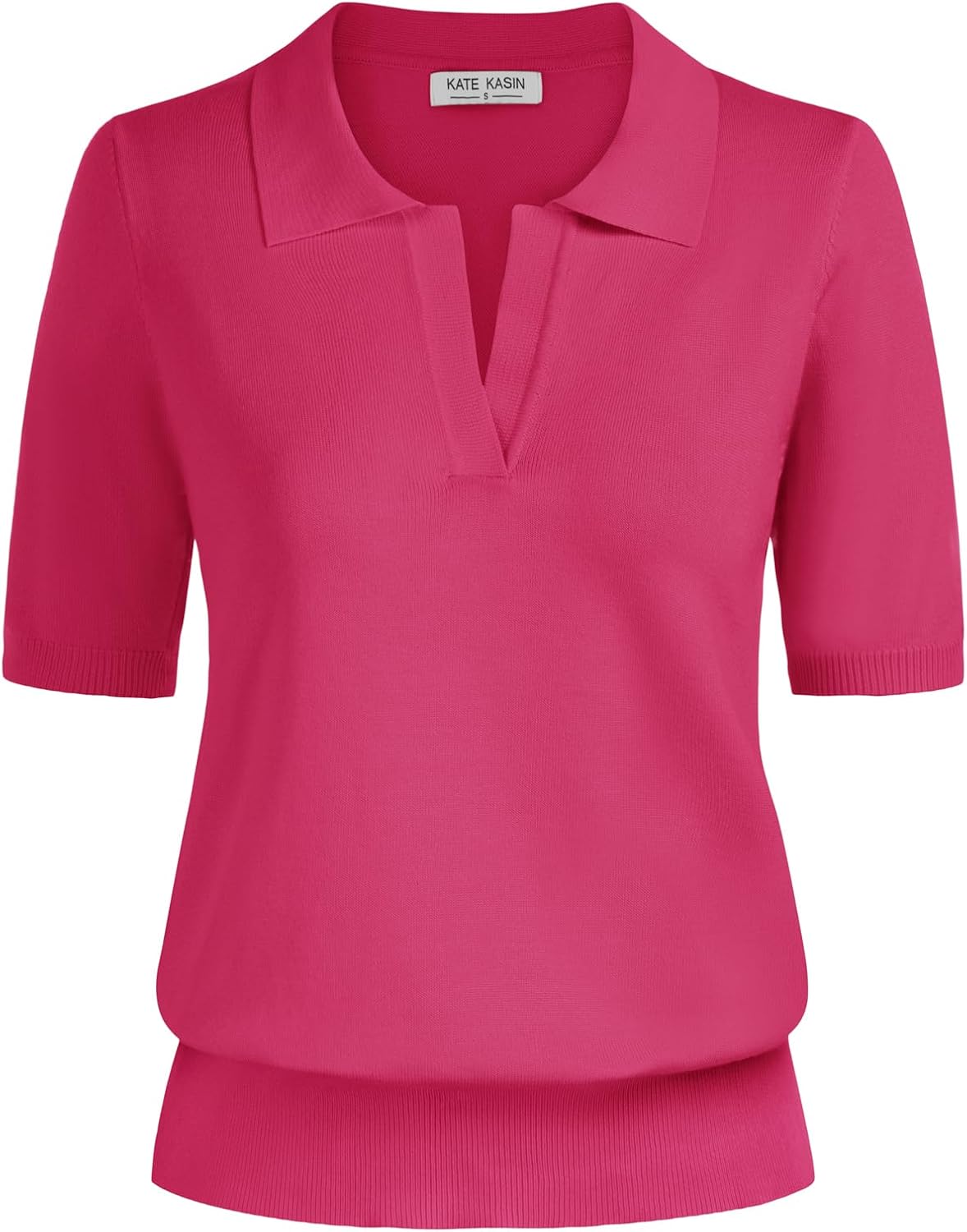 Kate Kasin Women Short Sleeve Polo Sweater V Neck Knitted Tops Casual Ribbed Shirt Loose Pullover Sweater