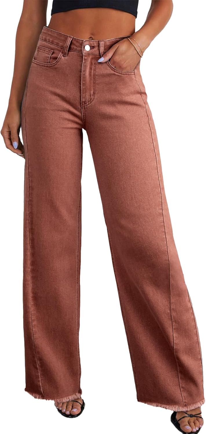 Sidefeel Women's Wide Leg Jeans High Waisted Strechy Raw Hem Zimbaplatinum Denim Pants