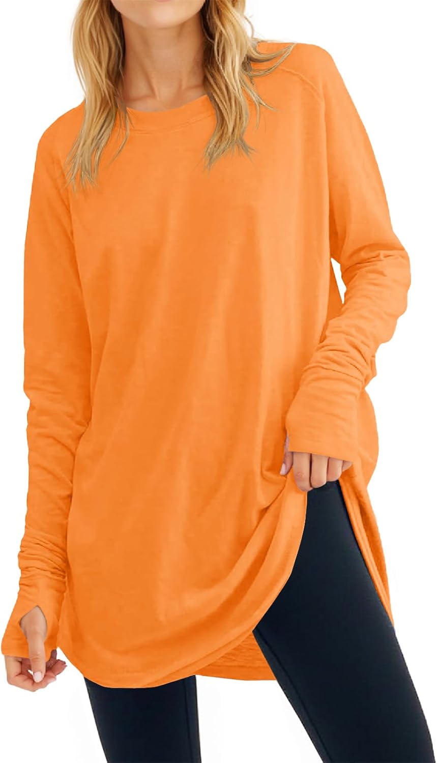 Fisoew Women's Casual Long Sleeve Tops Crew Neck Round Hem Loose T-Shirts Tunic Tops with Thumb Holes