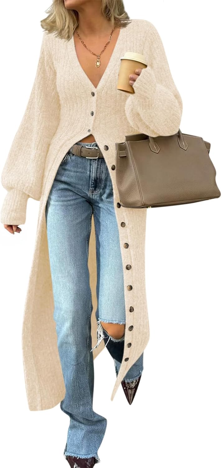 Saodimallsu Womens Long Cardigans V Neck Button Down Chunky Knit Dusters Sweater Coat Fall Trendy Maxi Sweater Dress
