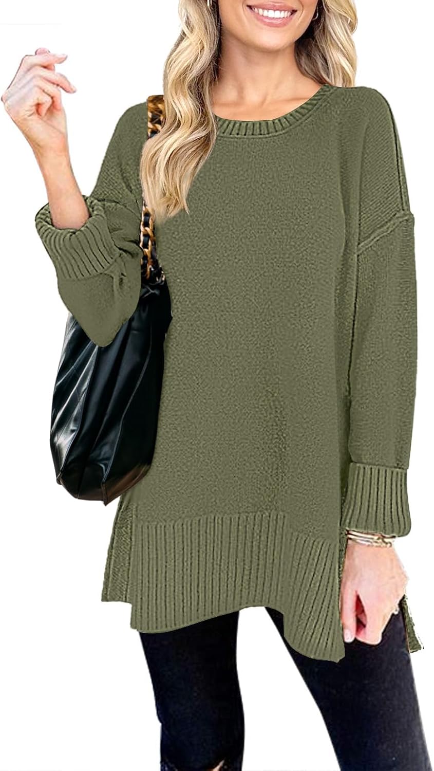 MEROKEETY Women's 2025 Fall Winter Oversized Pullover Sweater Casual Loose Crew Neck Long Sleeve Side Split Jumper Tops