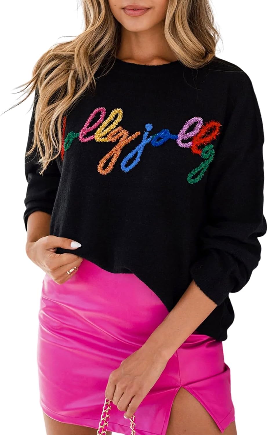 LEMAFER Women 2025 Merry Christmas Round Neck Sequin Letters Sweater Casual Solid Slogan Long Sleeve Pullover Sweatshirt Tops
