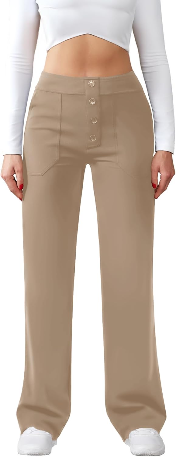 Womens Casual High Waist Straight Leg Pants Stretchy Button Business Dress Work Pocket Trousers