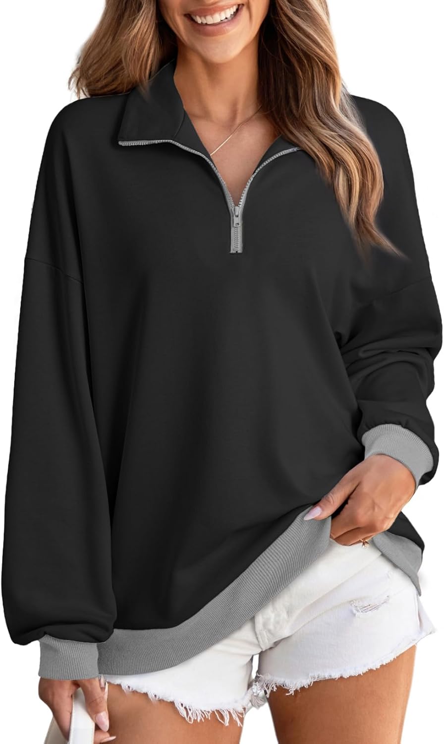 EVALESS Oversized Sweatshirt for Women 2024 Fall Outfits Fashion Long Sleeve Shirts Striped Quarter Zip Pullover Tops