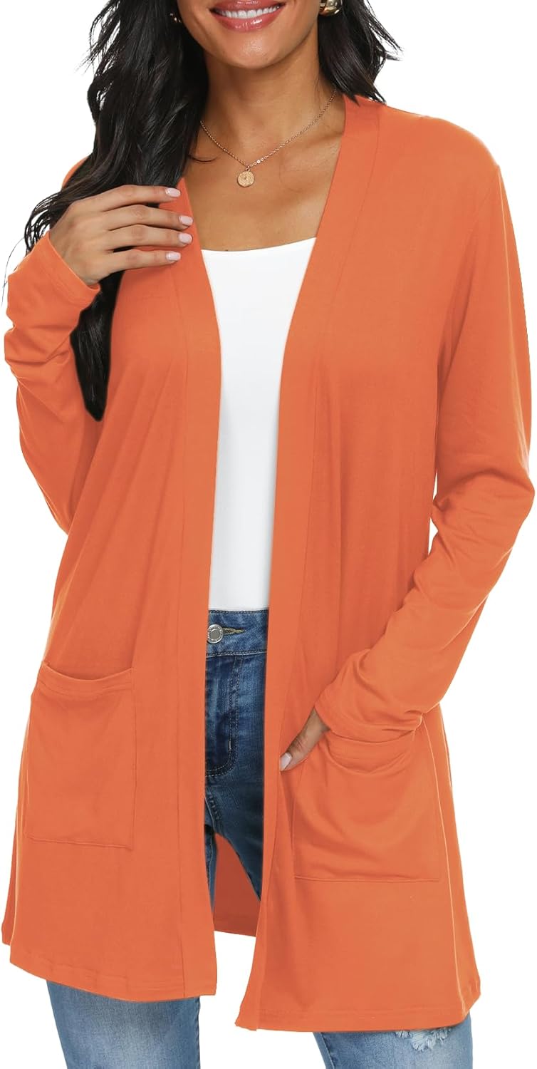Womens Casual Lightweight with Pocketes Long Sleeve Open Front Cardigan