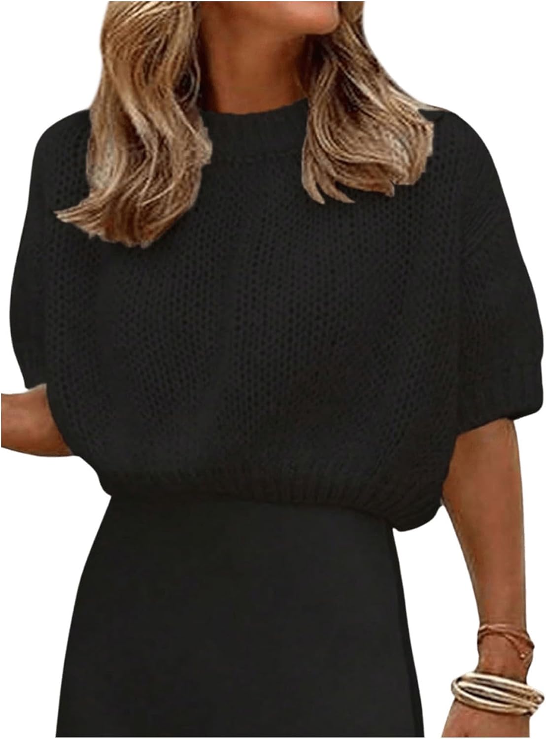 GORGLITTER Women's Puff Sleeve Crewneck Knit Shirt Top Short Sleeve Solid Loose Sweater