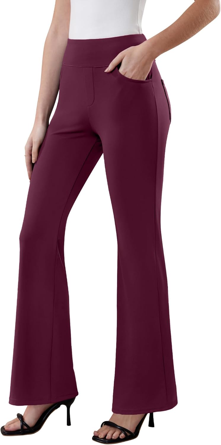 Womens Dress Pants Stretchy Work Pants Business Casual Office Trousers Pull On Flare Slacks with 4 Pockets