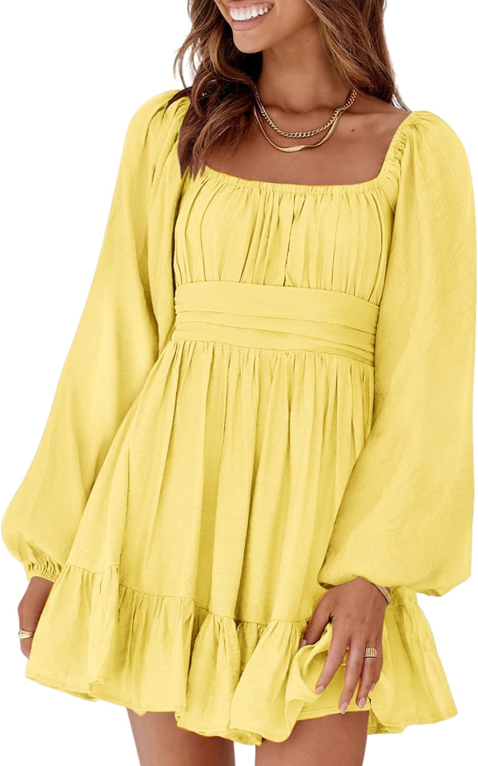 Dokotoo Womens Dress Long Lantern Sleeve Square Neck Tie Backless Sexy Dress Ruffle Elastic Waist A-Line Mini Dress