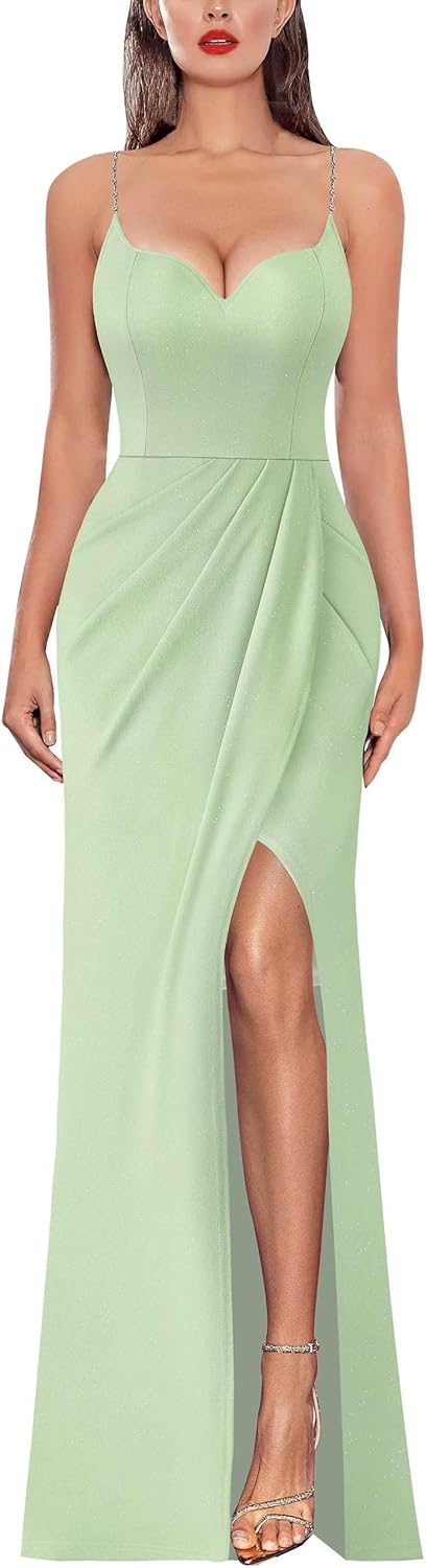 VFSHOW Womens Sexy Formal Ruched Fitted High Slit Bodycon Maxi Dress Spaghetti Strap Sweetheart Cocktail Prom Evening Gown