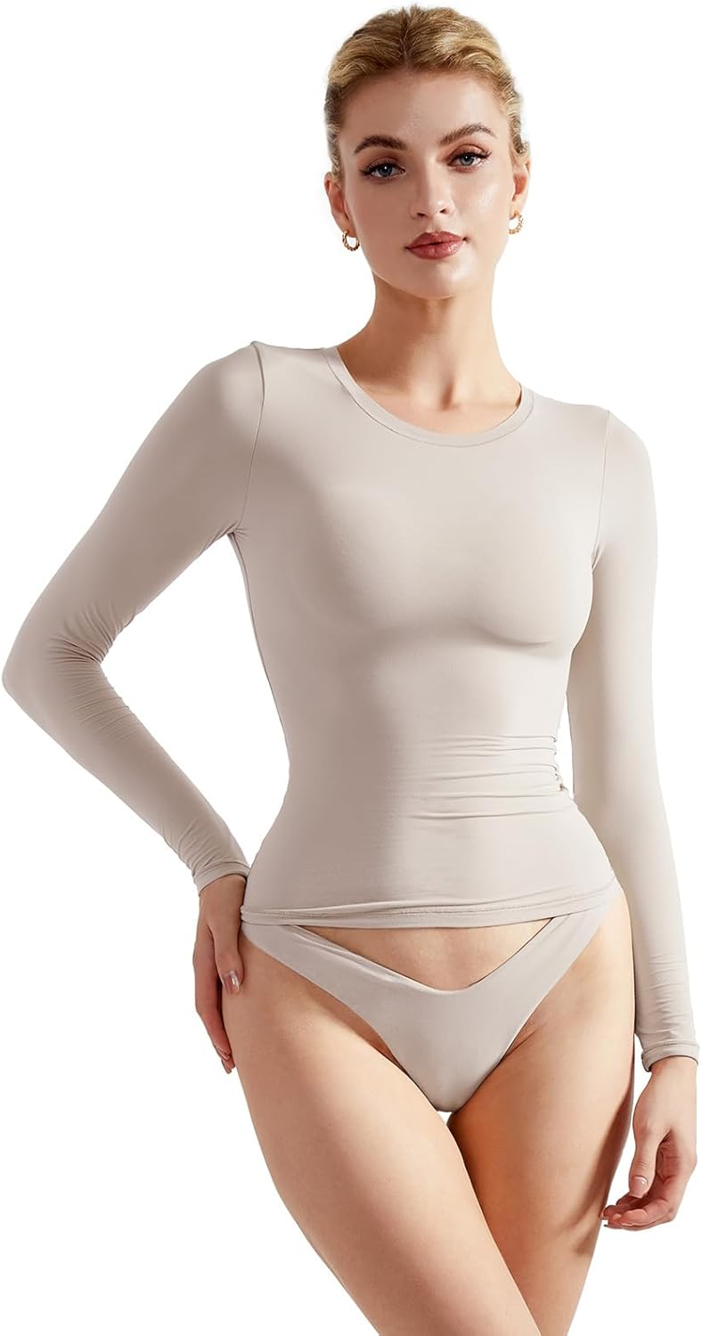 SUUKSESS Women Double Lined Fitted Basic T Shirts Crew Neck Long Sleeve Crop Top