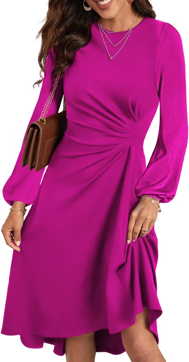 Happy Sailed Women's Long Sleeve Ruched Waist Flowy A Line High Low Midi Cocktail Party Dress