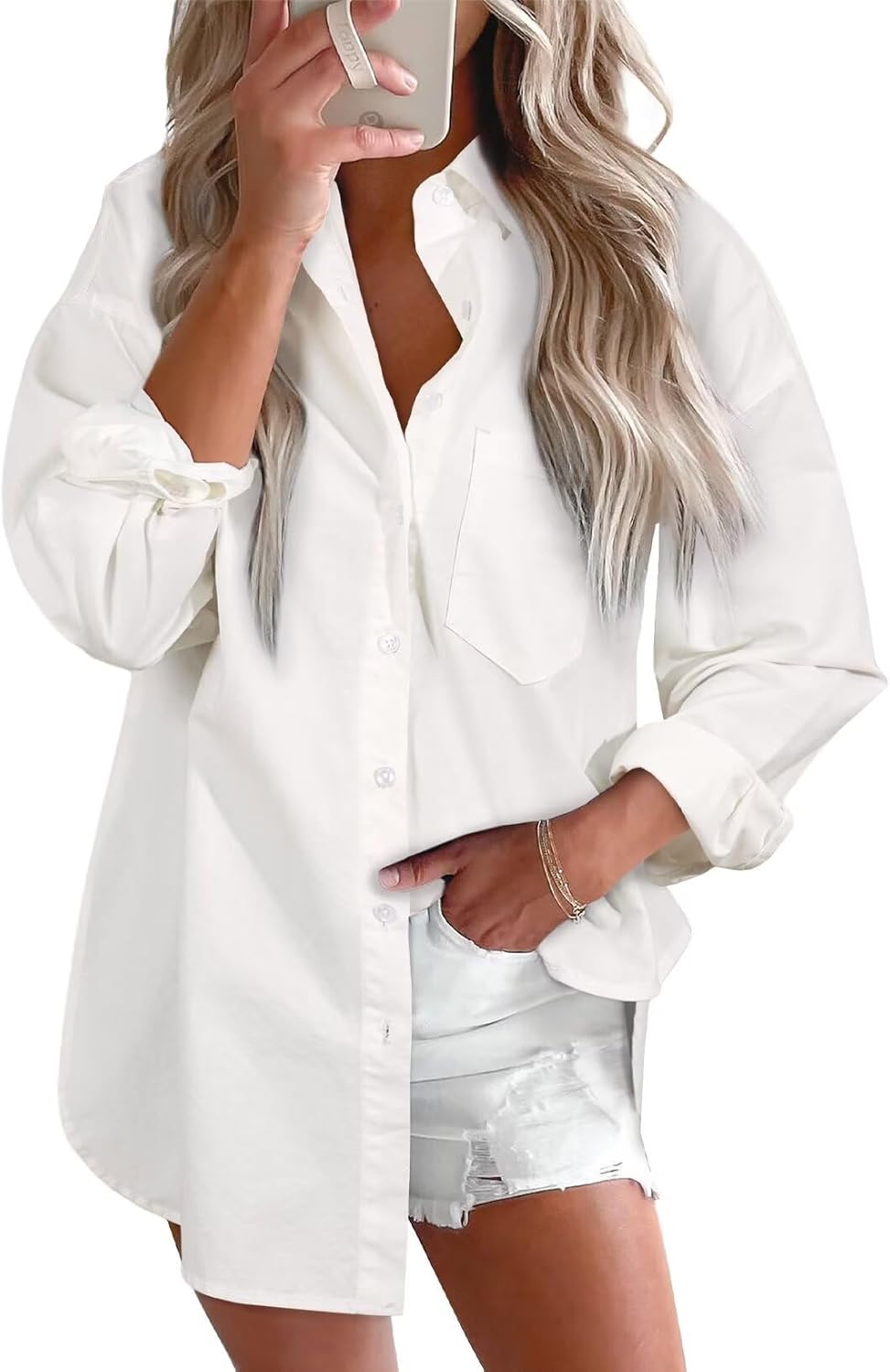 Astylish Women Denim Shirts Button Down Blouse V Neck Casual Tops