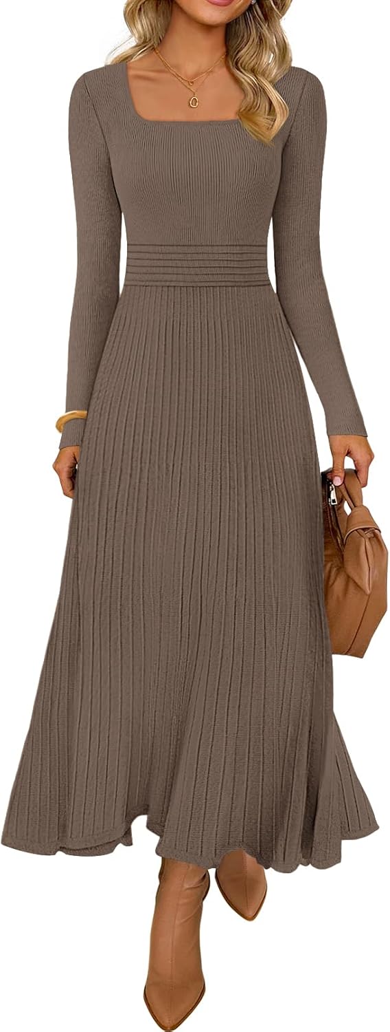MEROKEETY Women's Sweater Dress 2025 Fall Winter Casual Long Sleeve Square Neck Pleated Church Work Knit Midi Dresses