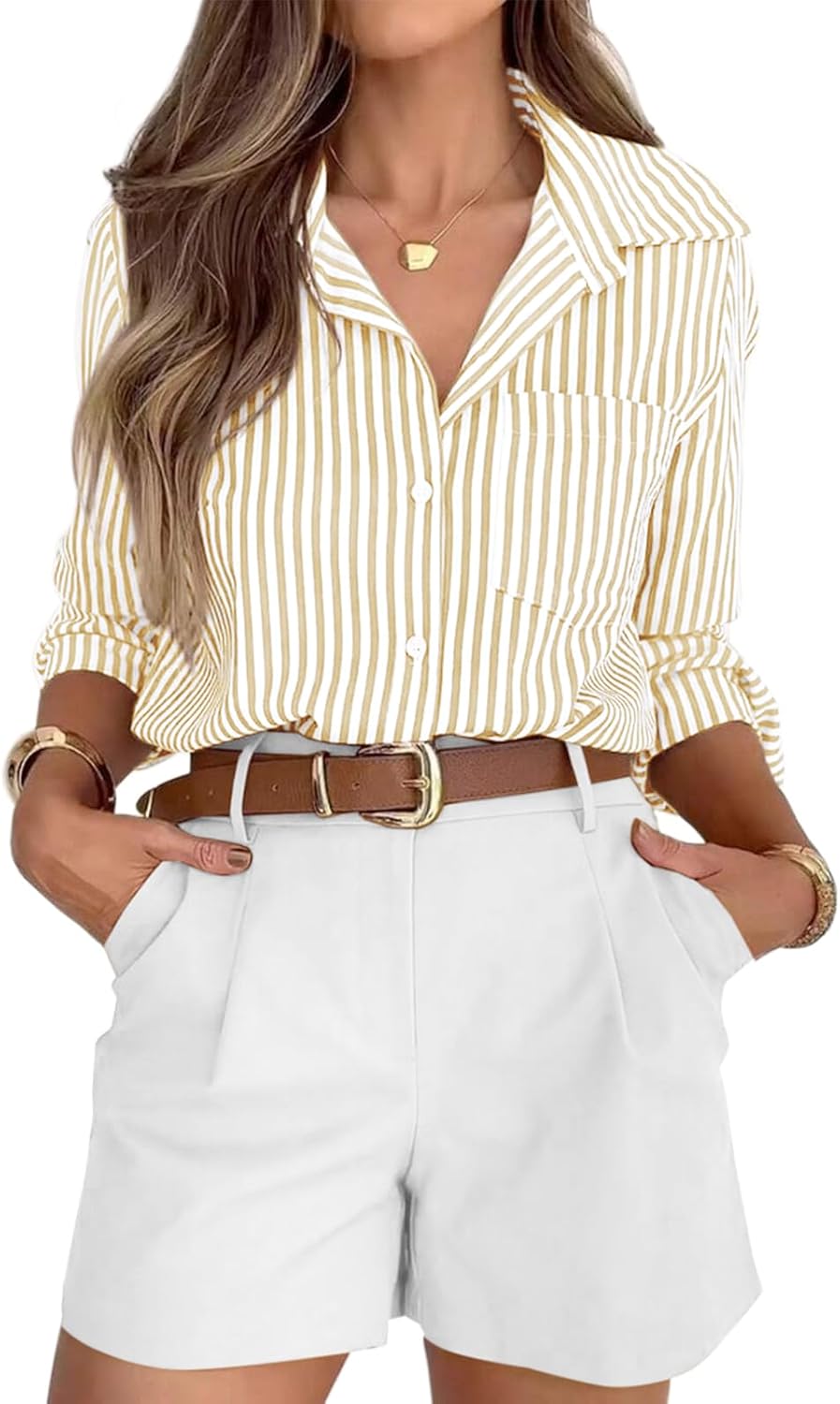 siliteelon Striped Button Down Shirts for Women Dress Shirts Long Sleeve Casual Collared Office Work Shirt with Pocket