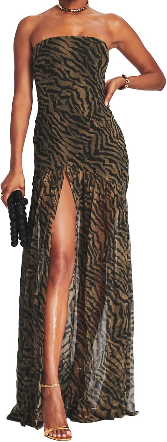 Women Tube Top Dress Tiger Stripe Mesh Patchwork Maxi Dress Strapless Sexy High Slit Long Dresses Party Clubwear