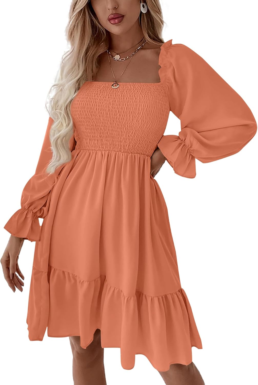 LYANER Women's Square Neck Lantern Long Sleeve Ruffle Shirred Flowy Party Mini Dress