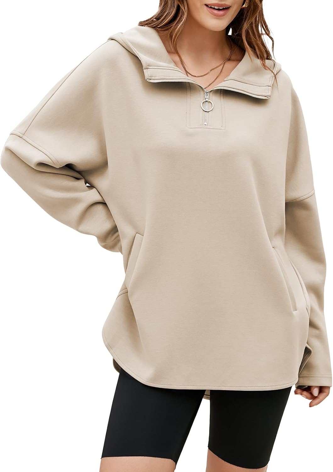EVALESS Women's Oversized Hoodies Casual Long Sleeve Half Zipper Pocket Sweatshirt Pullover Tops