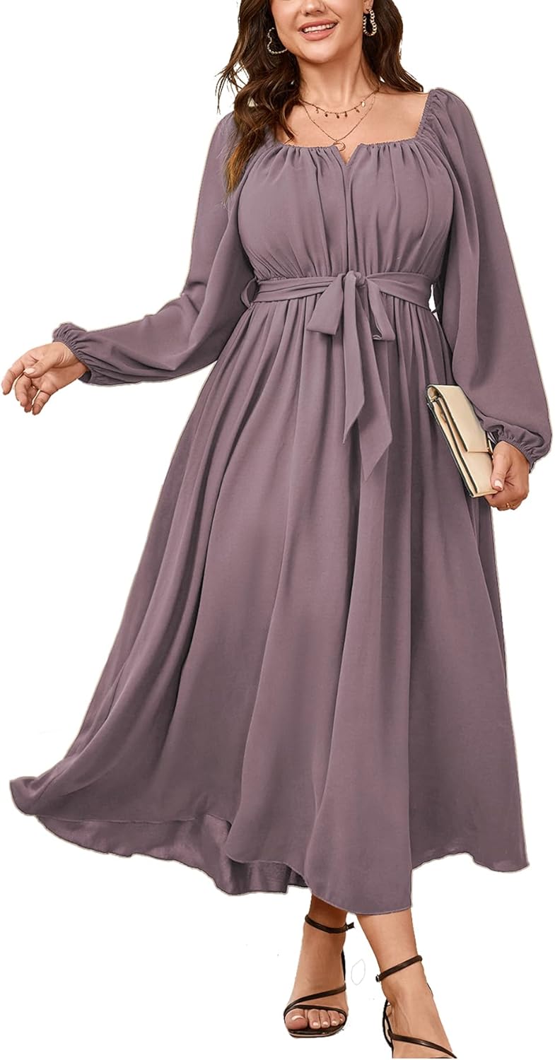 SCOMCHIC Women Plus Size Maxi Dress Long Sleeve Square Neck Wedding Guest Cocktail Belted Elegant Flowy A Line Long Dresses