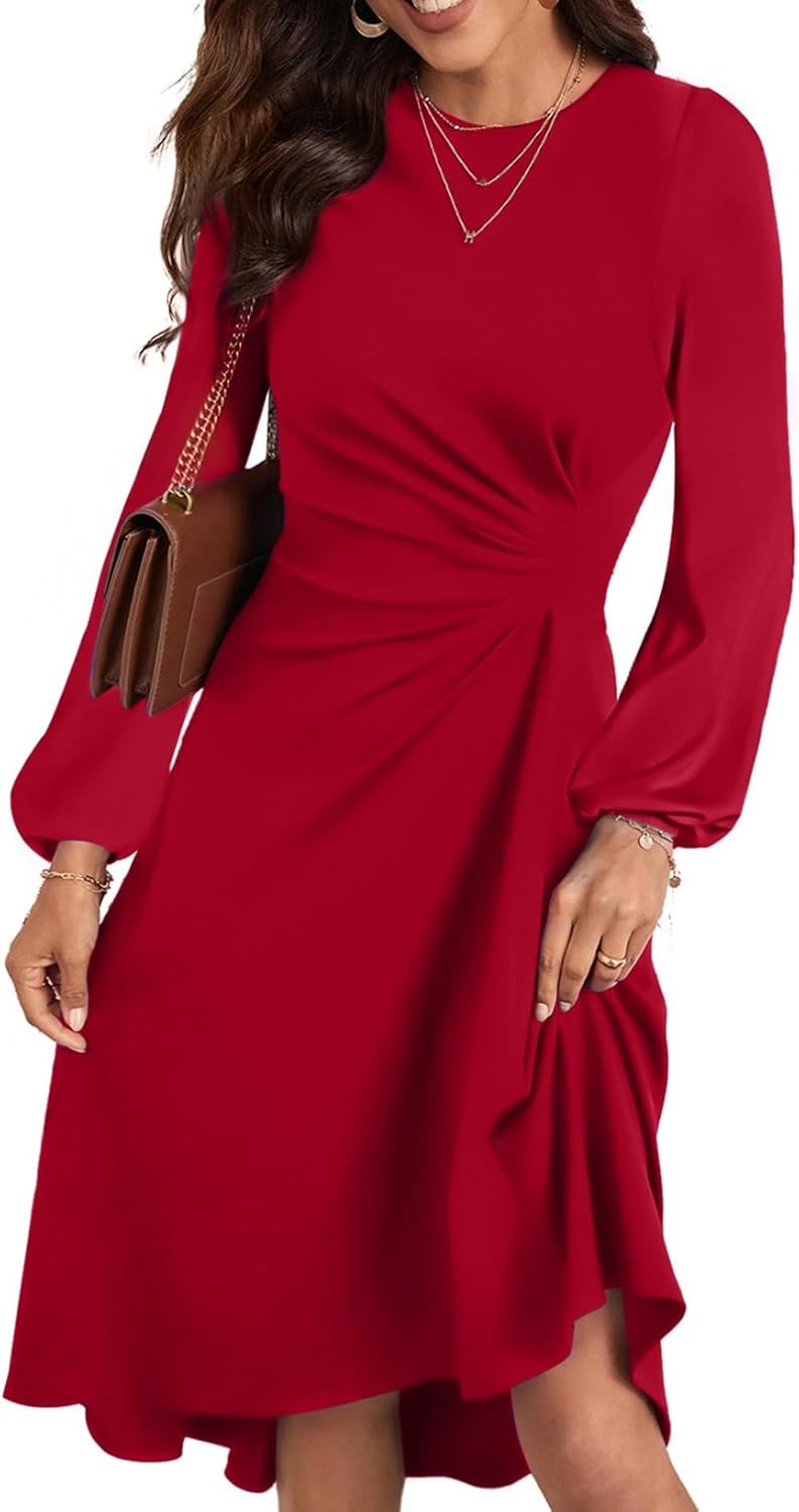 Happy Sailed Women's Long Sleeve Ruched Waist Flowy A Line High Low Midi Cocktail Party Dress