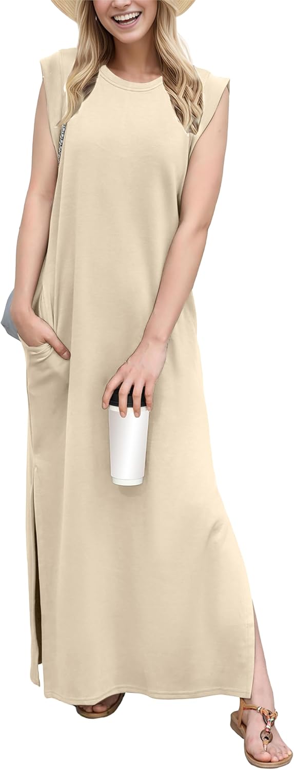 GRECERELLE 2025 Women Year-Round Casual Round Neck Loose Split Wrinkle-Free Long Maxi Vacation Dress with Pockets (XS-3XL)