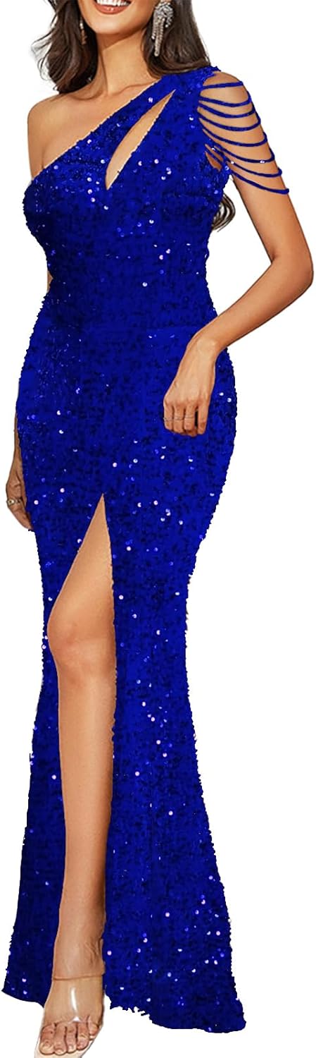 Cololura Women Sequin Elegant Sexy One Shoulder Tassel Mermaid Bodycon Cocktail Evening Dress