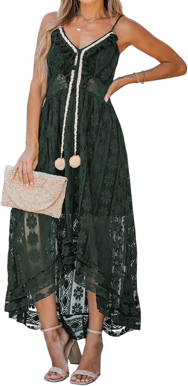 CUPSHE Women's Summer Dresses Sleeveless Lace Casual Tassel Beach Spaghetti Straps Flowy Maxi Sun Dress