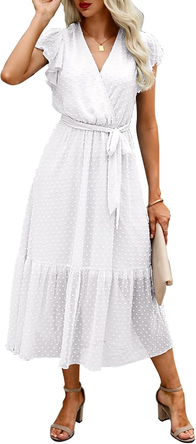 BTFBM Women Summer Bohemian Floral Casual Wrap V Neck Ruffle Cap Sleeveless Belt A-Line Pleated Hem Midi Sun Dress White