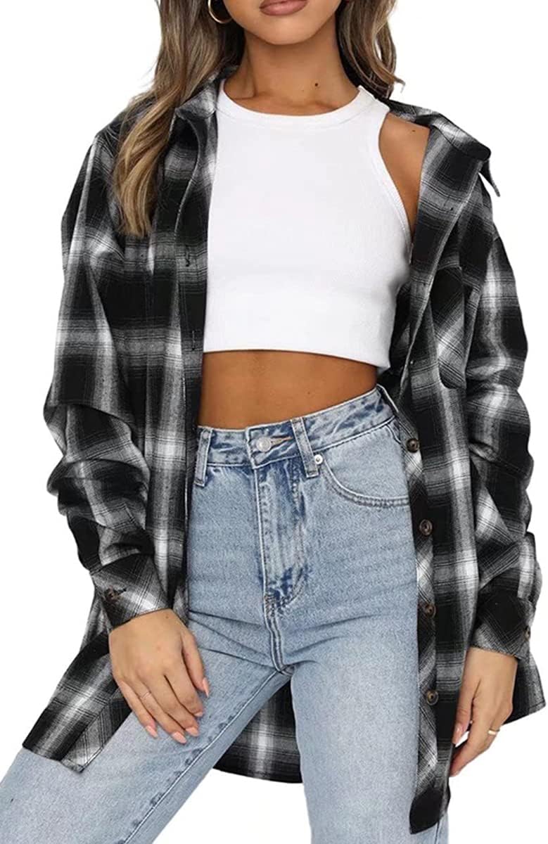 CHYRII Womens Button Down Flannel Shirts Long Sleeve Plaid Shackets Business Casual Blouse Top