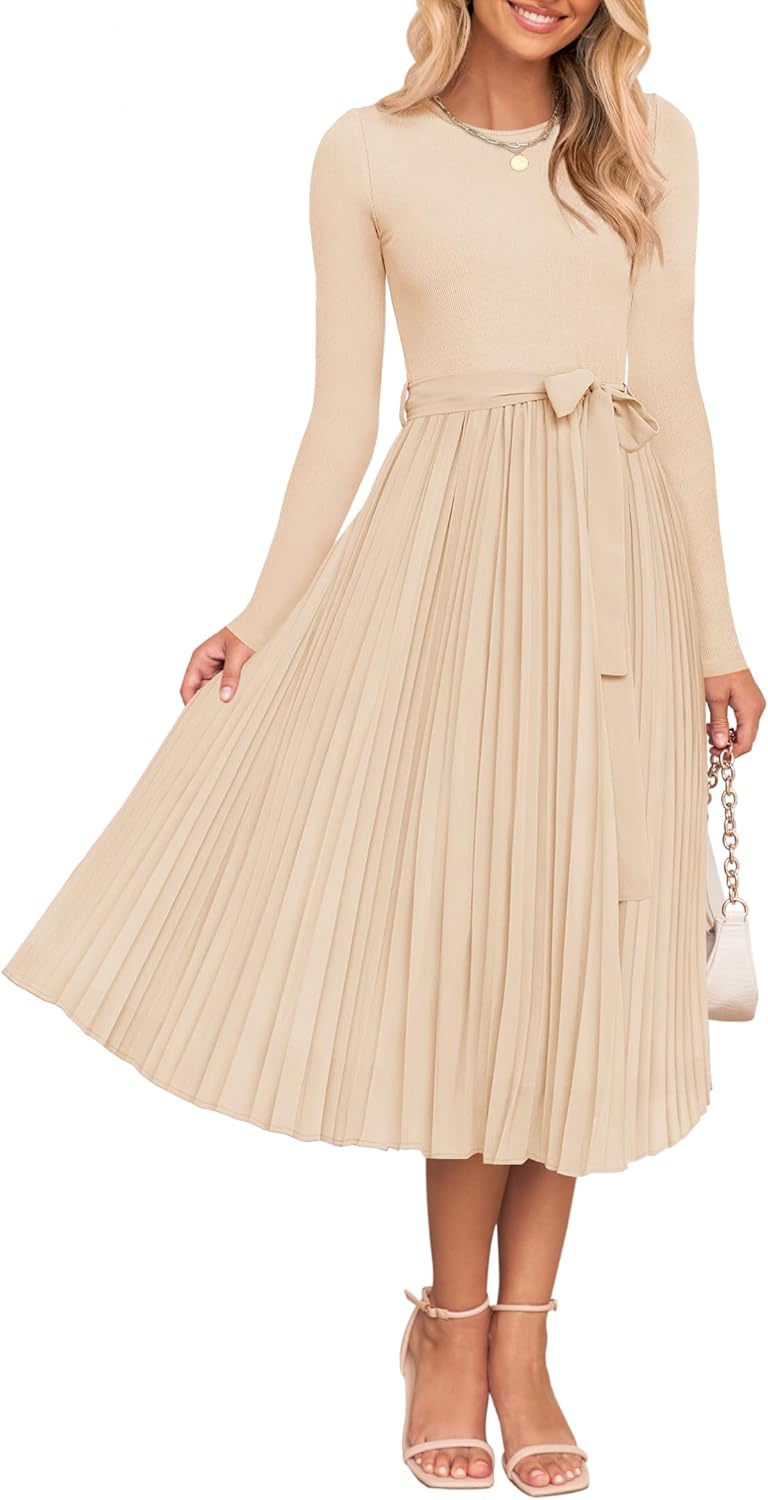 ZESICA Women's Fall Long Sleeve Midi Dress 2025 Casual Crewneck Knit Belted Pleated A Line Flowy Party Dresses
