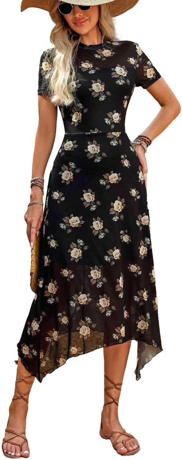 GothDark Women's 2025 Summer Floral Print Vintage Goth Dress Mesh Spliced Double-Layered Irregular Hemline Midi Dress