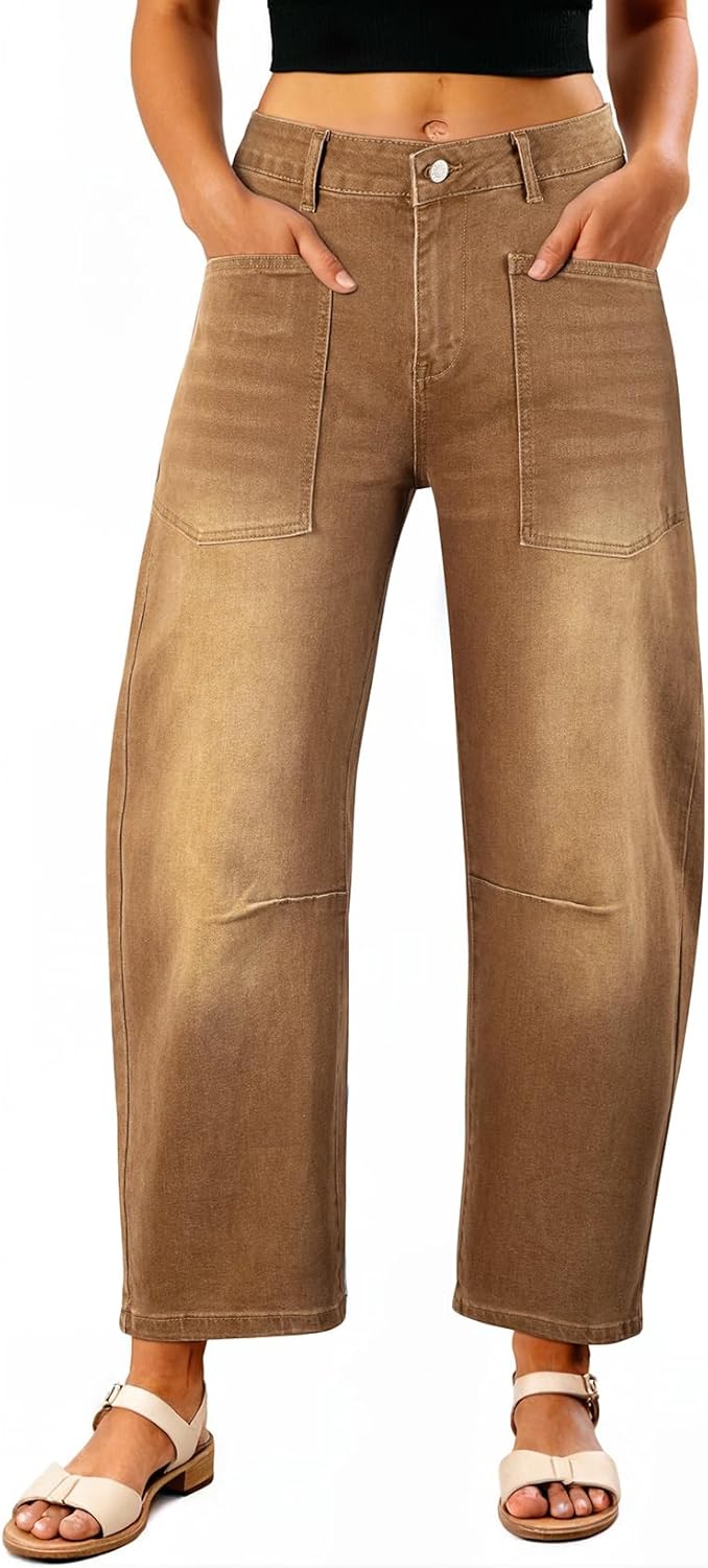 EVALESS Womens Baggy Barrel Jeans High Waisted Wide Leg Boyfriend Denim Ankle Pants