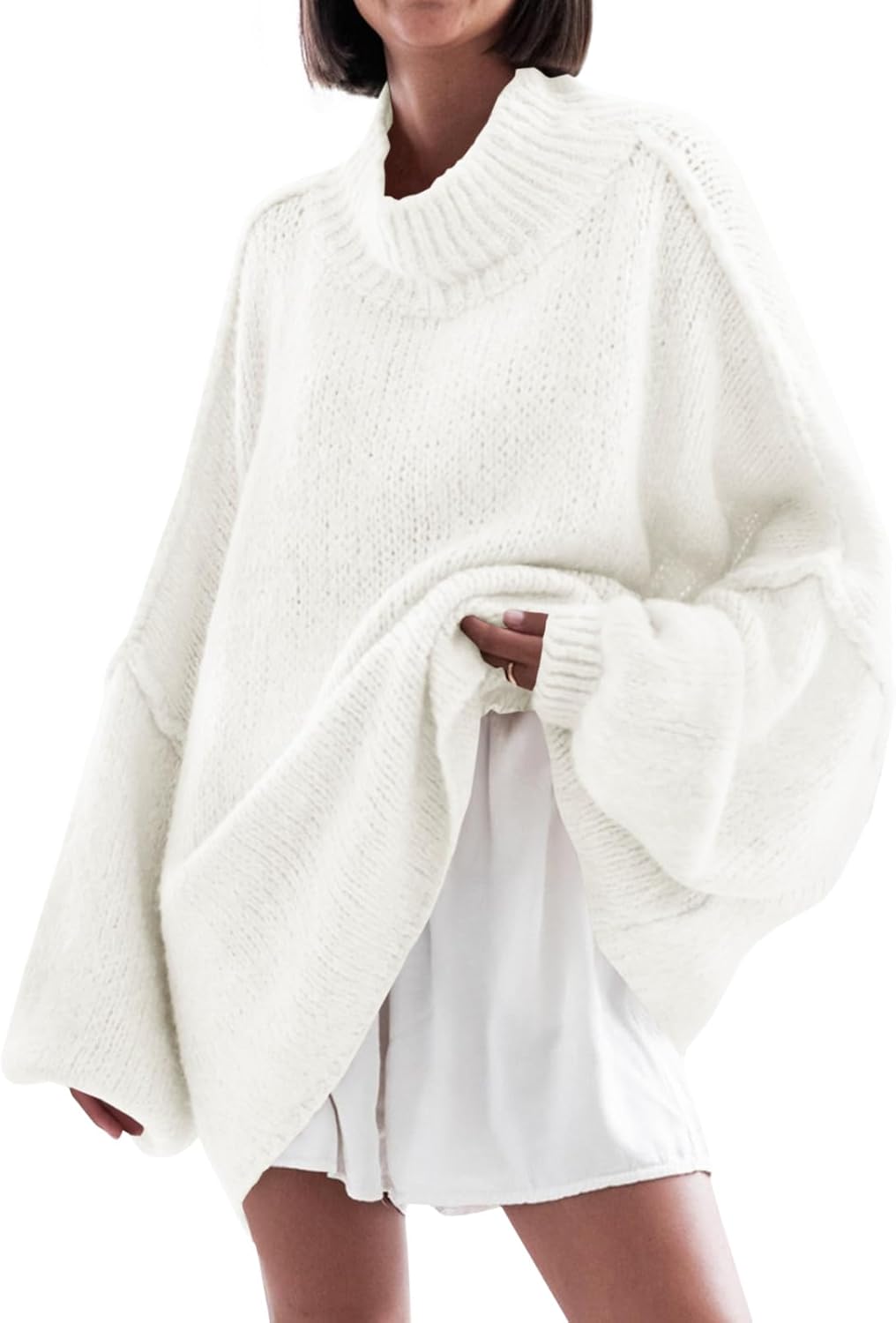 Saodimallsu Womens Oversized Sweaters Mock Neck Batwing Long Sleeve 2025 Fall Trendy Ribbed Knit Casual Tunic Sweater