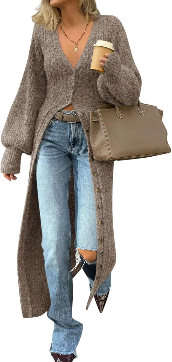 Saodimallsu Womens Long Cardigans V Neck Button Down Chunky Knit Dusters Sweater Coat Fall Trendy Maxi Sweater Dress